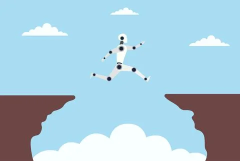 Vector illustration of a robot jumping from one mountain peak to another Stock Illustration
