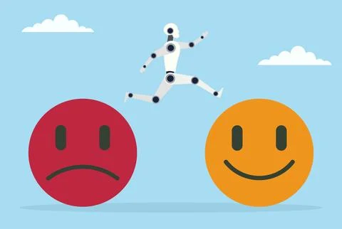 Vector illustration of a robot jumping from a sad icon to a happy icon Stock Illustration