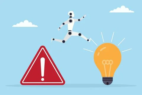 Vector illustration of a robot jumping from a warning icon to a bright light Stock Illustration