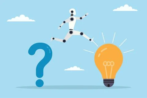 Vector illustration of a robot leaping from a question mark to a bright light Stock Illustration
