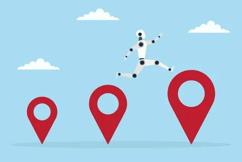 Vector illustration of a robot leaping from a small location icon to a large on Stock Illustration