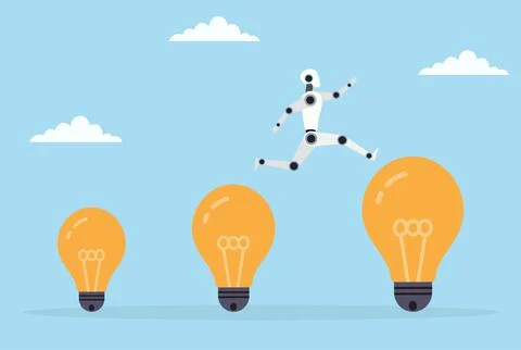 Vector illustration of a robot leaping from a small bulb to a large bulb Stock Illustration