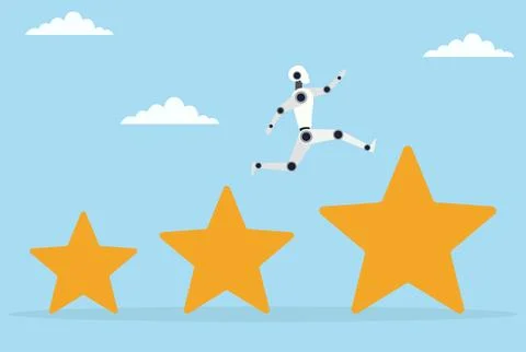 Vector illustration of a robot leaping from a small star icon to a large on Stock Illustration