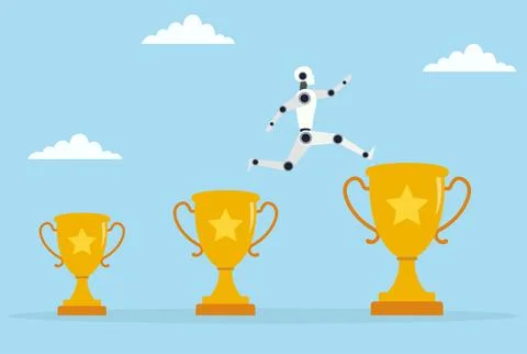 Vector illustration of a robot leaping from a small trophy to a large one Stock Illustration