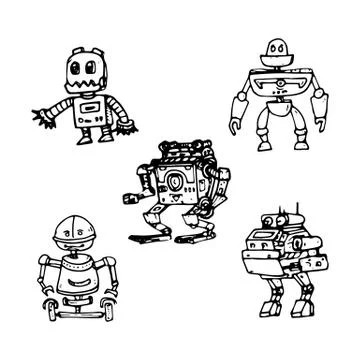 Vector illustration of a Robot. Mechanical character design. Set of five diff Stock Illustration