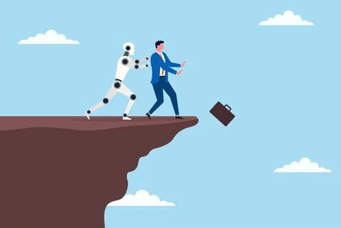 Vector illustration of a robot pushing a businessman off a cliff Stock Illustration