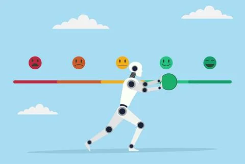 Vector illustration of a robot pushing a feedback bar from negative to positive Stock Illustration