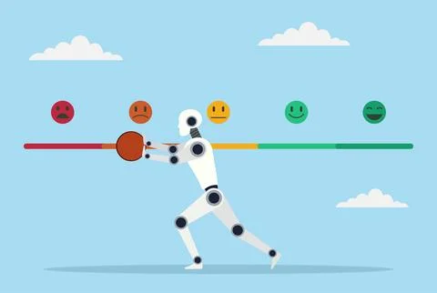 Vector illustration of a robot pushing a feedback bar from positive to negative Stock Illustration