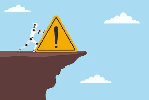 Vector illustration of a robot pushing a warning icon down a hill Stock Illustration