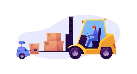 Vector illustration of robot putting boxes on forklift machine with man inside. Illustrazione stock