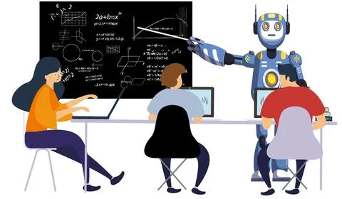 Vector illustration of a robot teacher teaching math to the students Stock Illustration