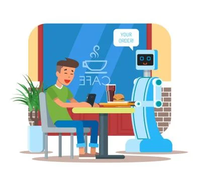 Vector illustration of robot waiter serving cola, hamburger to visitor Stock Illustration