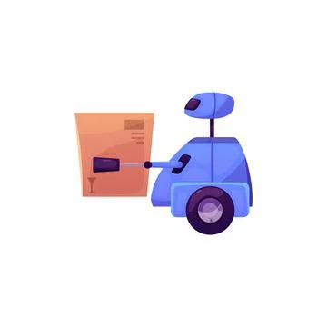 Vector illustration of robot on wheels holding a box, isolated background. 스톡 일러스트