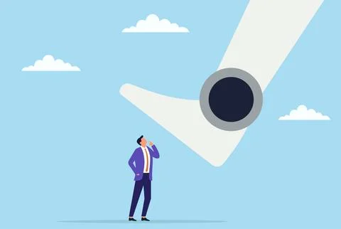 Vector illustration of a robotic foot advancing toward a worried businessman Stock Illustration