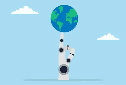 Vector illustration of a robotic hand balancing the globe on one finger Stock Illustration