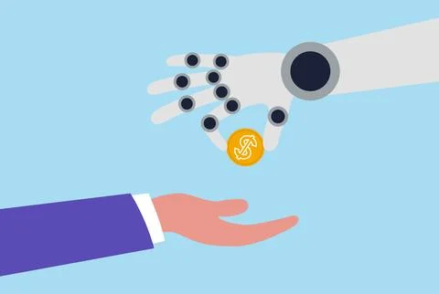 Vector illustration of a robotic hand giving a gold coin to a human hand Stock Illustration