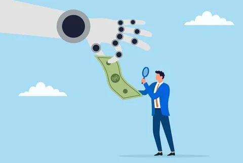 Vector illustration of a robotic hand handing money to a businessman inspect Stock Illustration