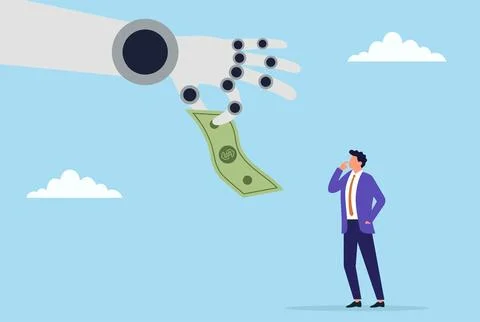 Vector illustration of a robotic hand offering money to a thoughtful businessman Stock Illustration