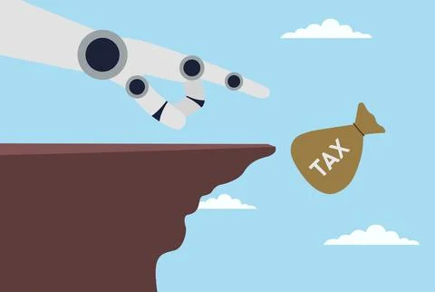 Vector illustration of a robotic hand pushing a tax sack off a mountain peak Stock Illustration