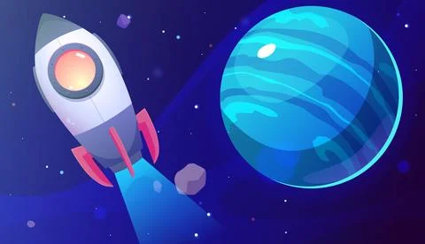 Vector illustration of a rocket flying against the background of a cosmic starry Illustrazione stock