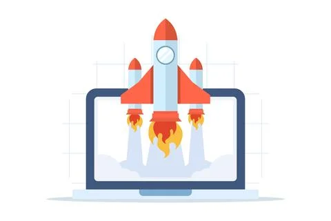 Vector illustration of a rocket launching with a laptop Stock Illustration