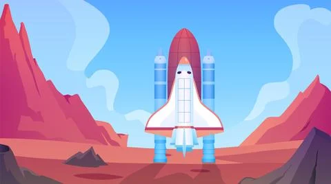 Vector illustration of a rocket standing on the rocky surface of the red planet Stock Illustration