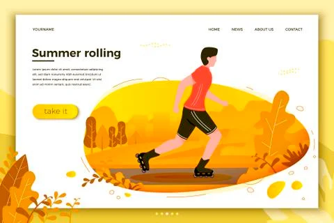 Vector illustration -  roller skating man in park. Forest, trees Stock Illustration