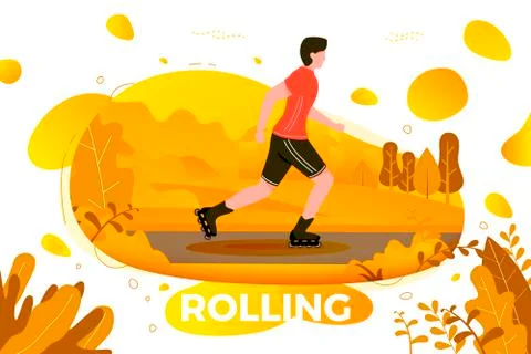 Vector illustration -  roller skating man in park. Forest, trees Ilustración de archivo
