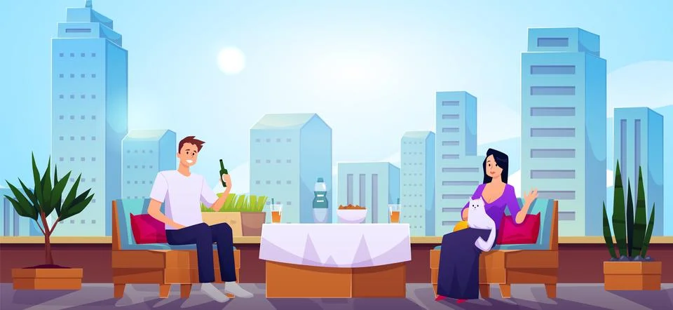 Vector illustration of rooftop view with characters sitting at restaurant table. Stock Illustration