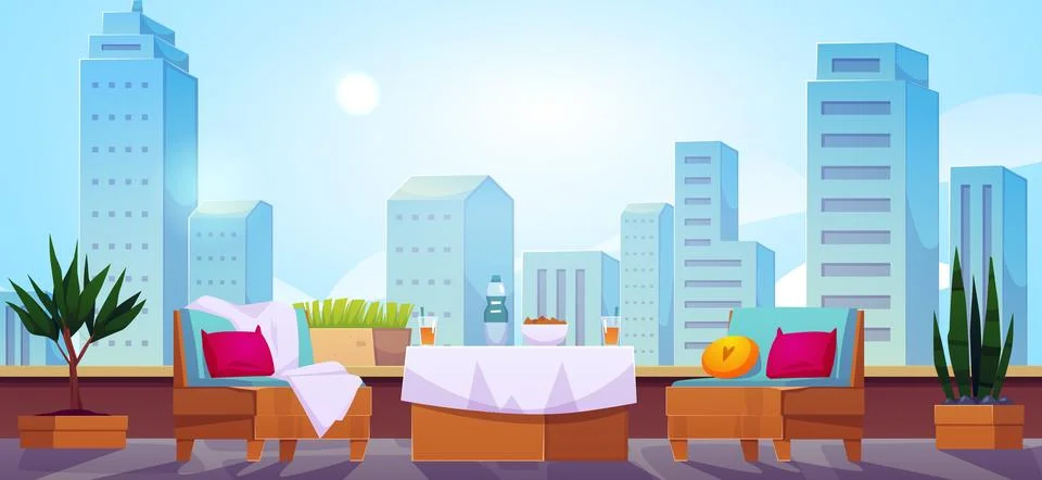 Vector illustration of a rooftop view with table, chairs and plants. Illustrazione stock