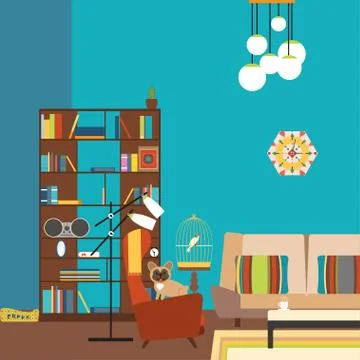 Vector illustration of a room in the style of 70s with bookcase, sofa, armc.. Stock Illustration