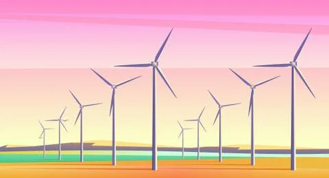 Vector illustration with rotation windmills for alternative energy resource in Stock Illustration