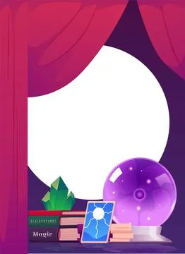 Vector illustration of round frame in fortune telling room with magic items.. 스톡 일러스트