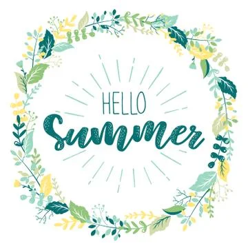 Vector illustration with round frame from hand drawn colorful leaves, herbs,  Stock Illustration