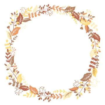 Vector illustration with round frame from hand drawn autumn colorful leaves,  Stock Illustration