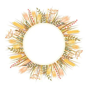 Vector illustration with round frame from hand drawn autumn leaves and herbs  Stock Illustration