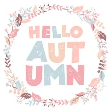 Vector illustration with round frame from hand drawn colorful leaves, herbs,  Stock Illustration