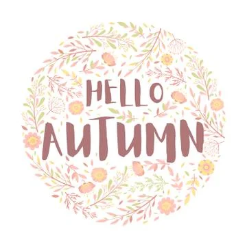 Vector illustration with round frame from hand drawn flowers, leaves, floral  Stock Illustration