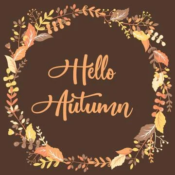 Vector illustration with round frame from hand drawn colorful leaves, herbs,  Stock Illustration