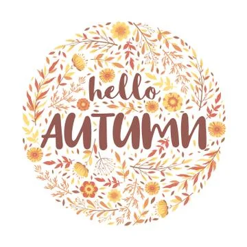 Vector illustration with round frame from hand drawn flowers, leaves, floral  Stock Illustration