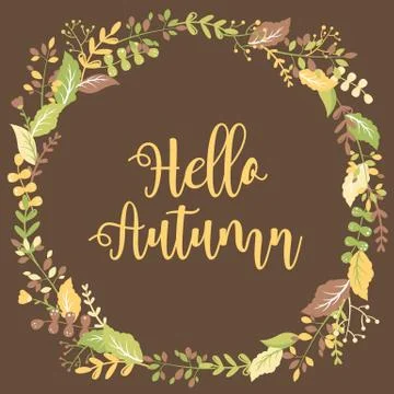 Vector illustration with round frame from hand drawn colorful leaves, herbs,  Illustrazione stock