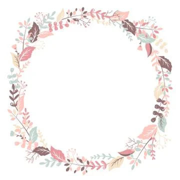 Vector illustration with round frame from hand drawn colorful leaves, herbs a Illustrazione stock