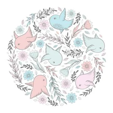 Vector illustration with round frame from hand drawn cute birds, flowers, lea Stock Illustration