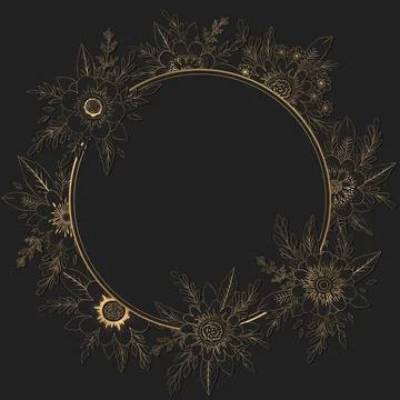 Vector illustration with round frame from hand drawn gold flowers, leaves and Stock Illustration