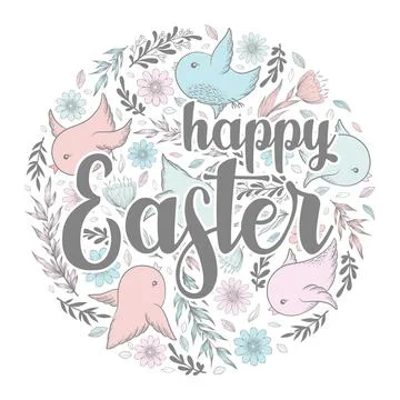 Vector illustration with round frame from hand drawn cute birds, flowers, lea Stock Illustration