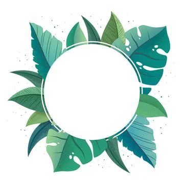 Vector illustration with round frame from trendy green exotic palm and monste Stock Illustration