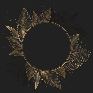 Vector illustration with round gold frame from hand drawn palm and monstera l Stock Illustration