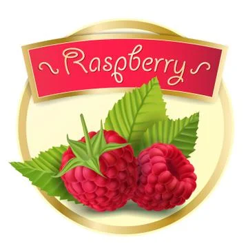 Vector illustration of a round label, a sticker with raspberry berries in a Stock Illustration
