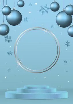 Vector illustration with a round silver frame above the pedestal, snowflakes. Stock Illustration