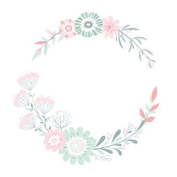 Vector illustration with round wreath from hand drawn colorful flowers, branc Stock Illustration